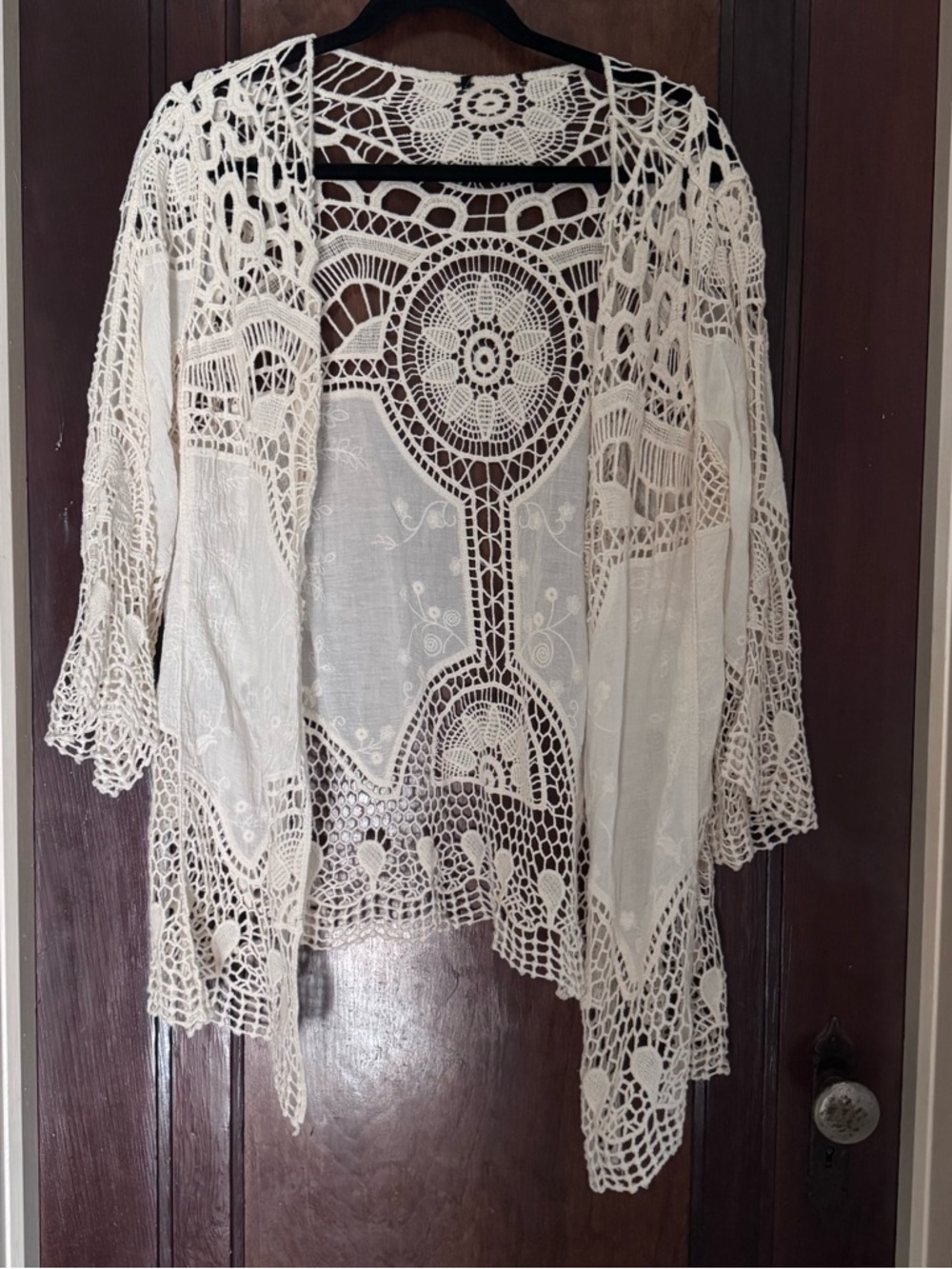 Cream Boho Crochet Lace Throw-On Cardigan | One Size Cotton Blend Cover-Up